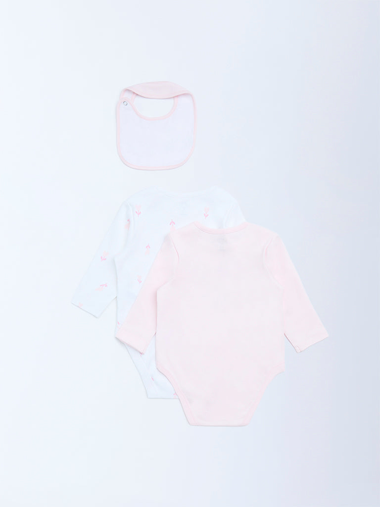 HOP Baby Pink Printed Cotton Rompers and Bib - Pack of 2