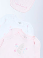 HOP Baby Pink Printed Cotton Rompers and Bib - Pack of 2