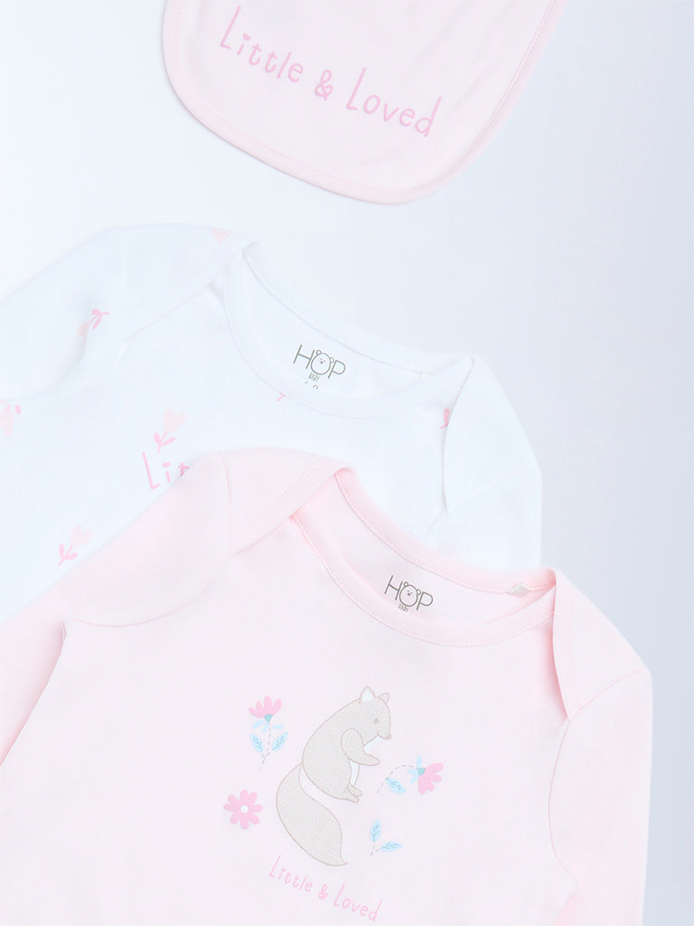 HOP Baby Pink Printed Cotton Rompers and Bib - Pack of 2