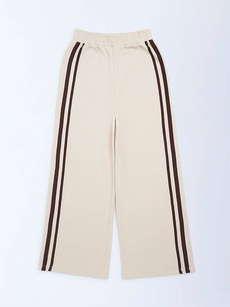 Y&F Kids Beige Striped High-Rise Cotton-Blend Joggers