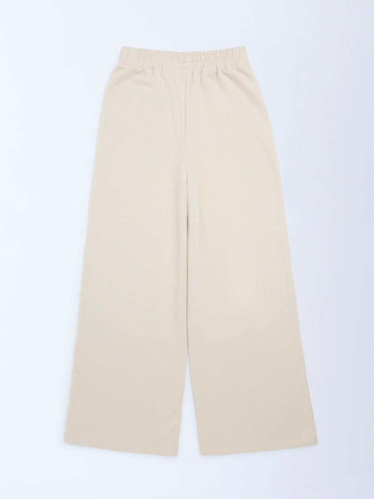 Y&F Kids Beige Striped High-Rise Cotton-Blend Joggers