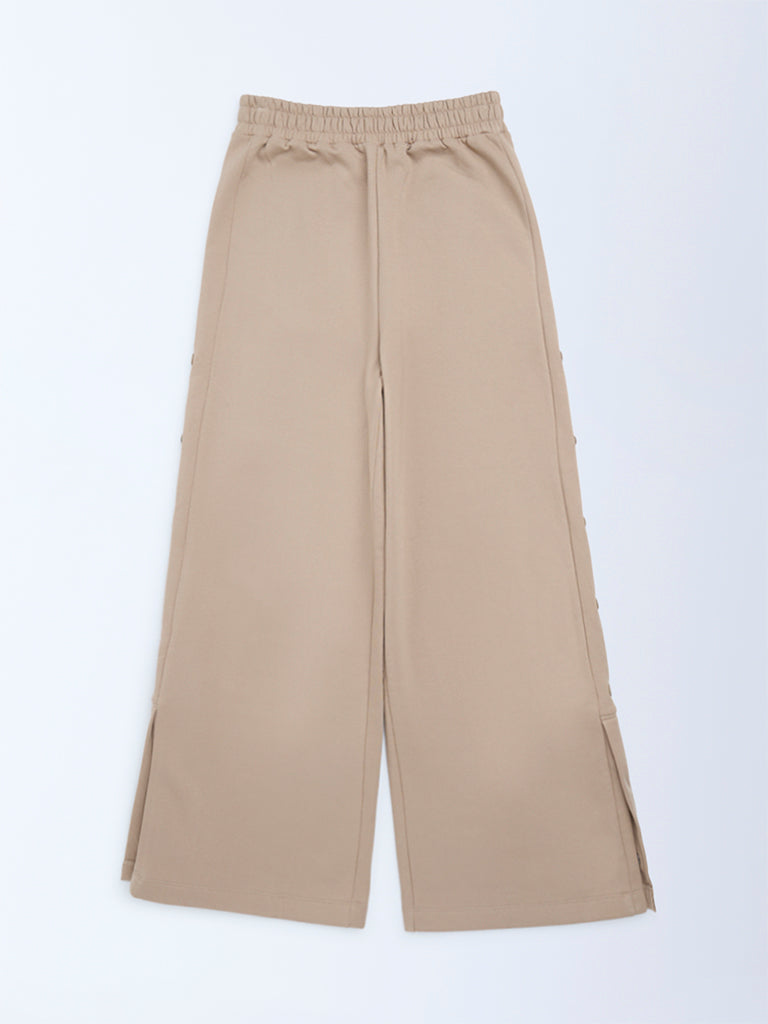 Y&F Kids Beige High-Rise Cotton-Blend Joggers