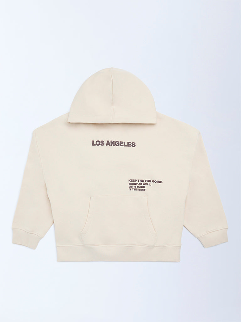 Y&F Kids Light Beige Text Printed Cotton-Blend Hoodie