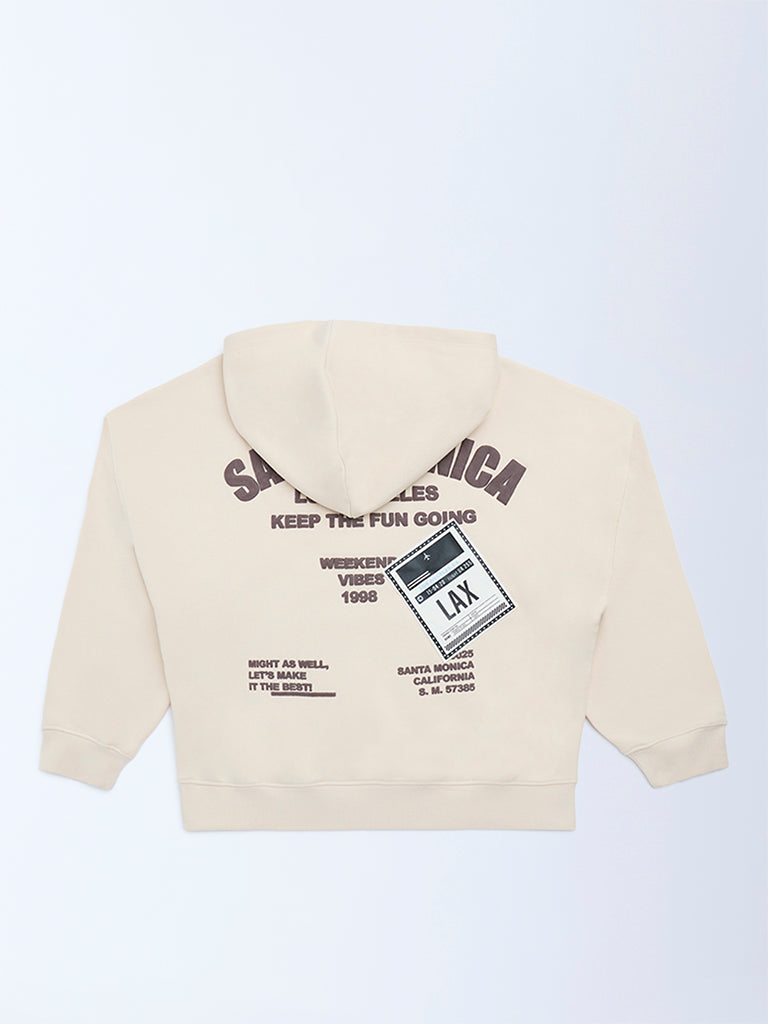 Y&F Kids Light Beige Text Printed Cotton-Blend Hoodie