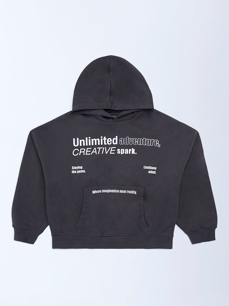 Y&F Kids Charcoal Text Design Cotton-Blend Hoodie