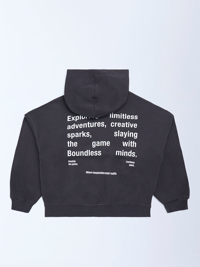 Y&F Kids Charcoal Text Design Cotton-Blend Hoodie