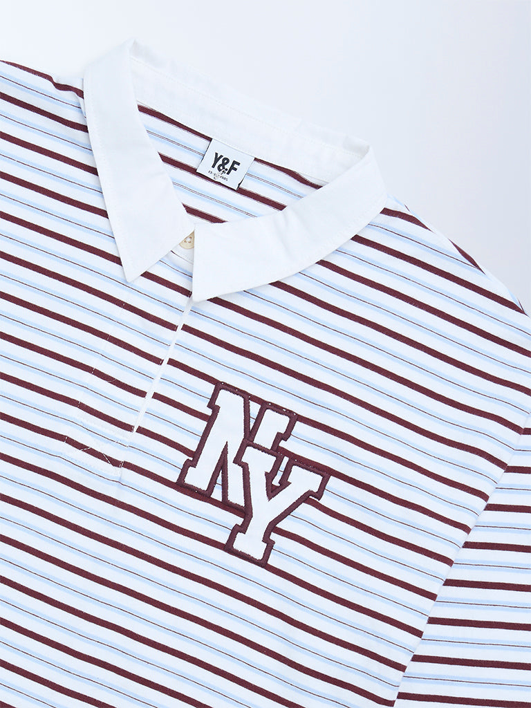 Y&F Kids Brown Striped Cotton Polo T-Shirt