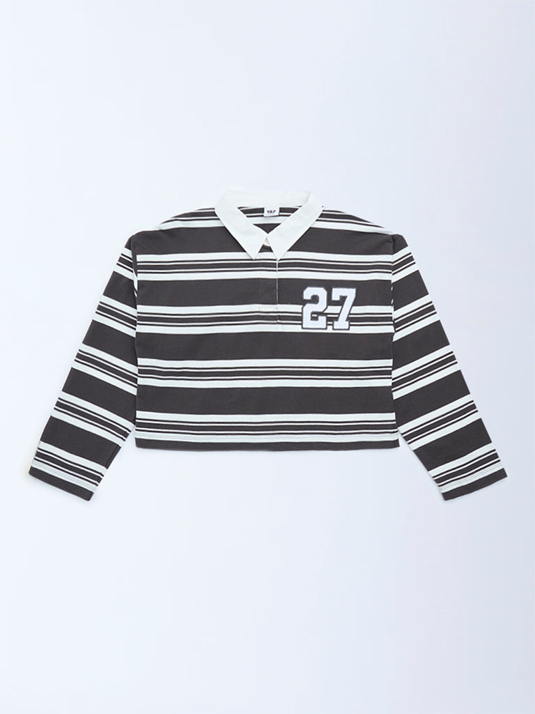 Y&F Kids Charcoal Striped Cotton Polo T-Shirt