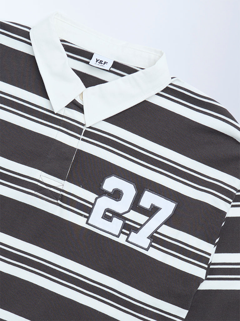 Y&F Kids Charcoal Striped Cotton Polo T-Shirt