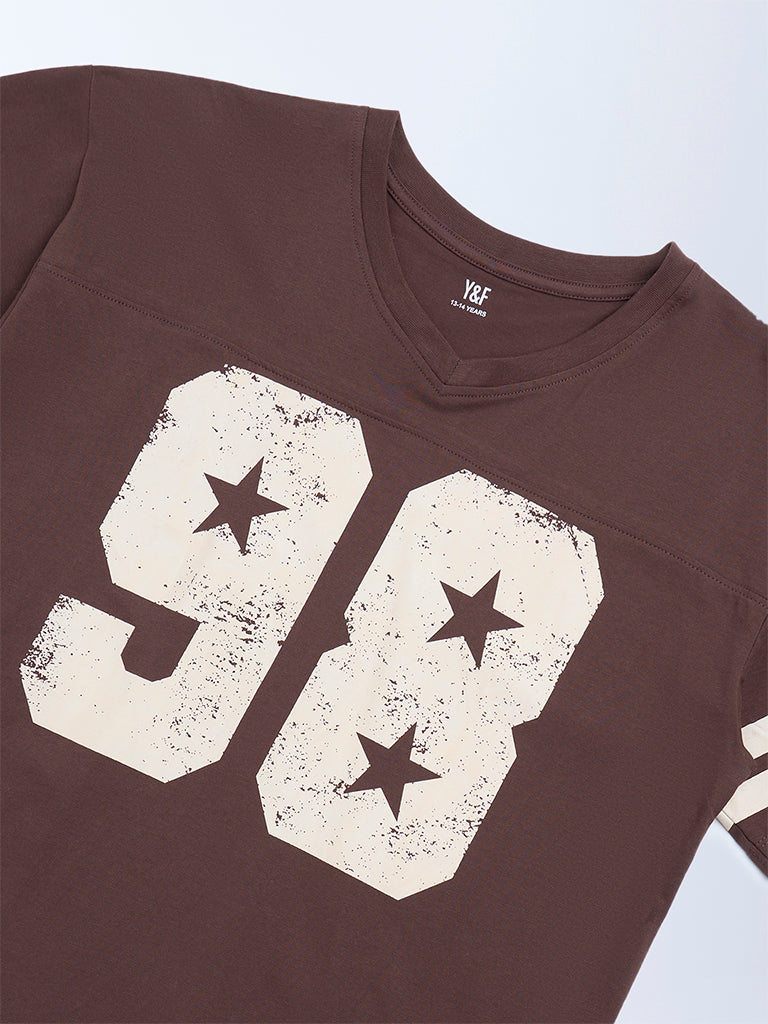 Y&F Kids Brown Printed Cotton T-Shirt