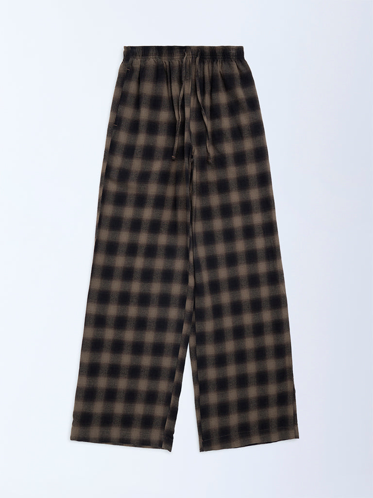 Y&F Kids Brown Checks Pattern Mid-Rise Cotton Trousers