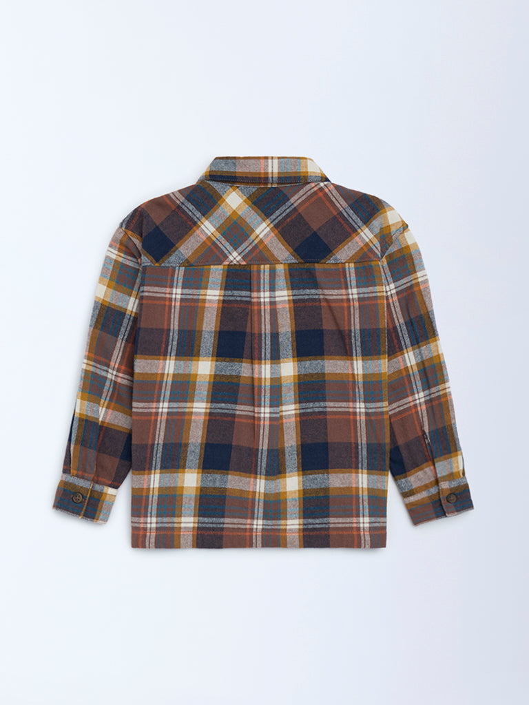 HOP Kids Brown Checkered Cotton Shirt