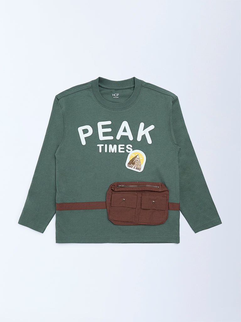 HOP Kids Green Printed Cotton T-Shirt