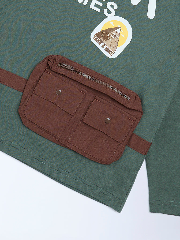 HOP Kids Green Printed Cotton T-Shirt