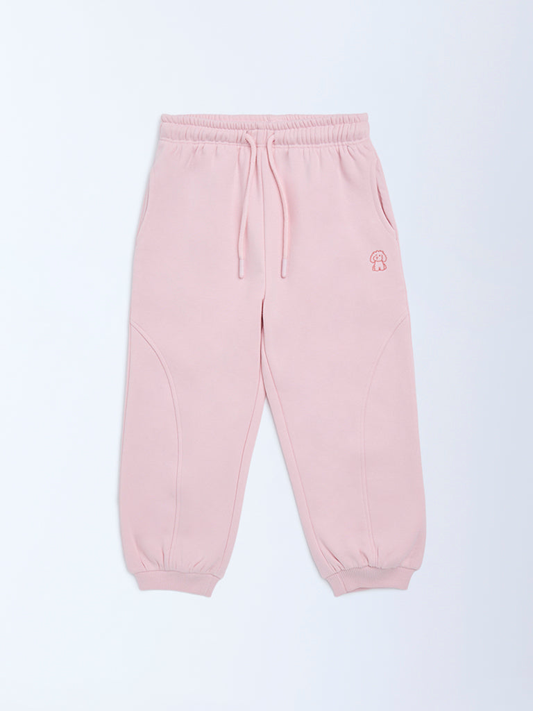 HOP Kids Pink Solid High-Rise Cotton-Blend Joggers