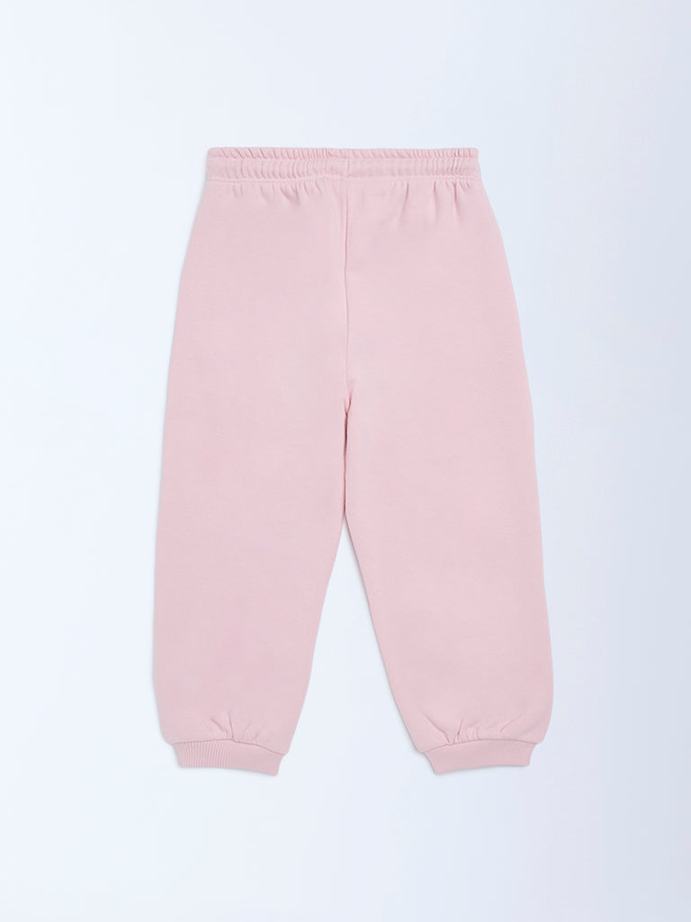 HOP Kids Pink Solid High-Rise Cotton-Blend Joggers