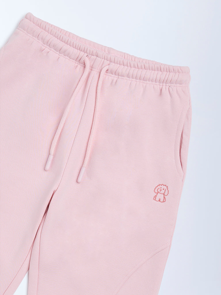 HOP Kids Pink Solid High-Rise Cotton-Blend Joggers
