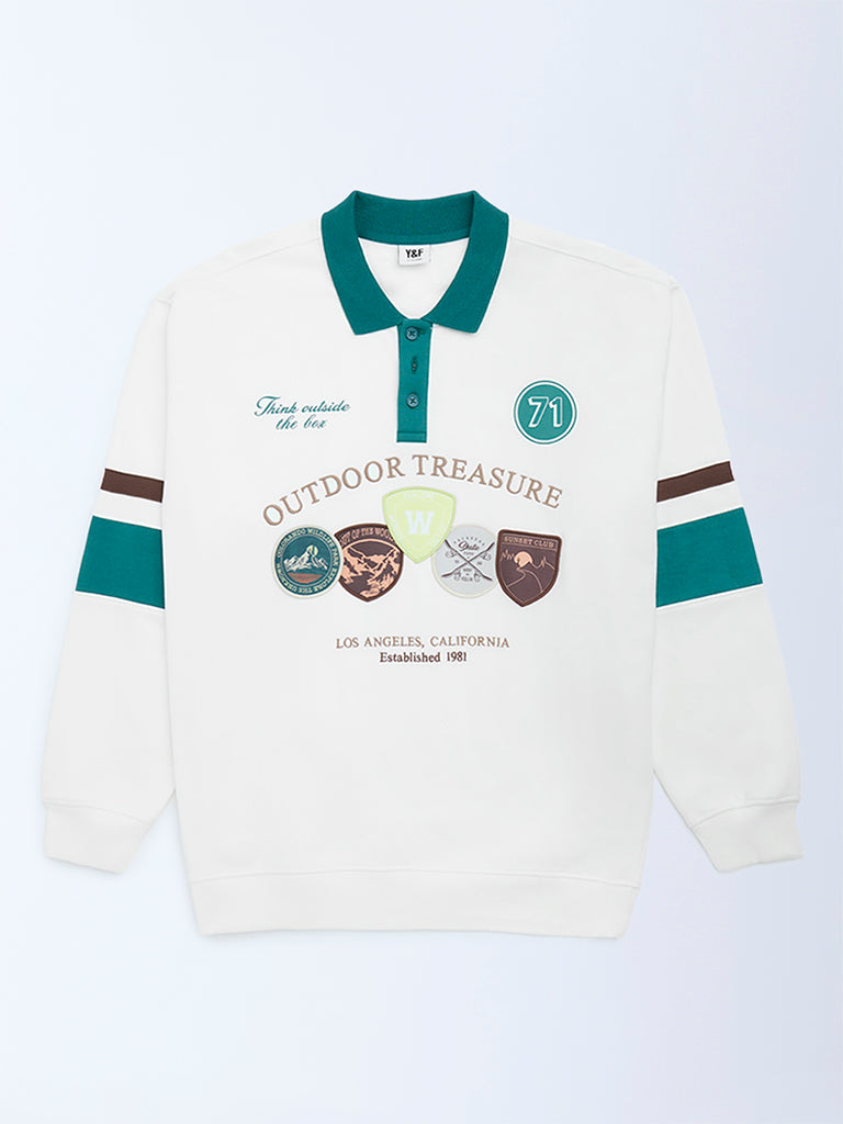 Y&F Kids Off-White Printed Cotton-Blend Polo Sweatshirt