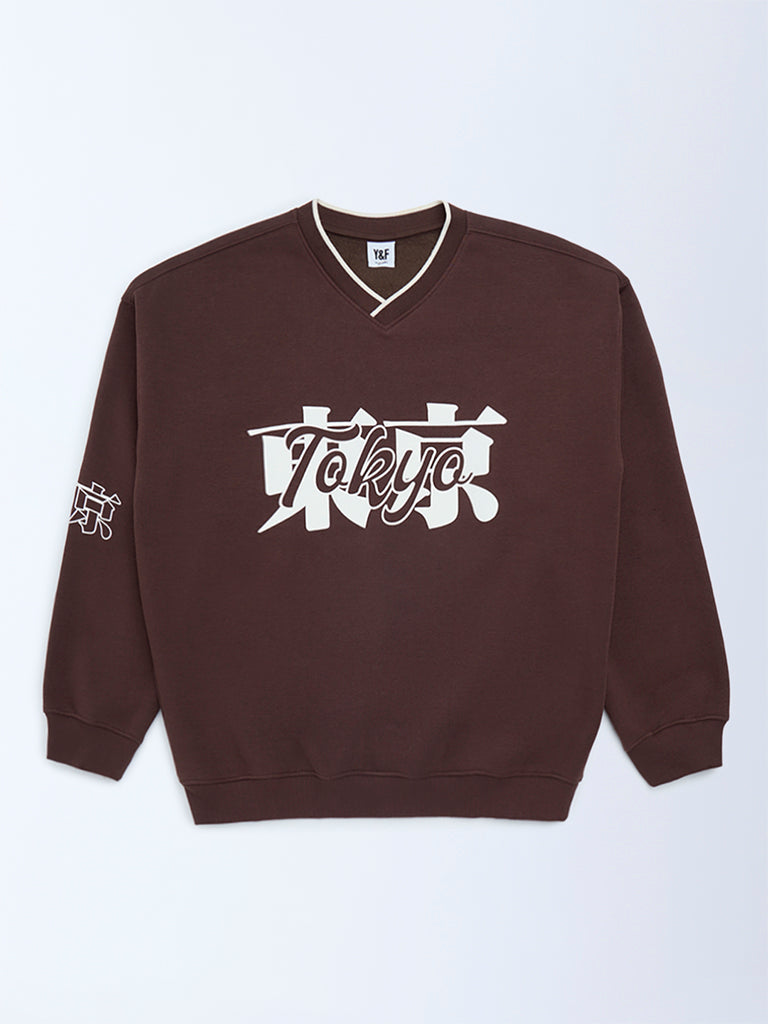 Y&F Kids Brown Typographic Cotton-Blend Sweatshirt
