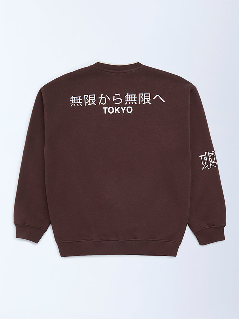 Y&F Kids Brown Typographic Cotton-Blend Sweatshirt