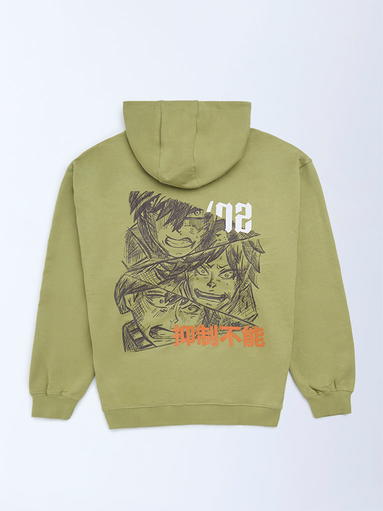 Y&F Kids Olive Anime-Inspired Cotton Hoodie