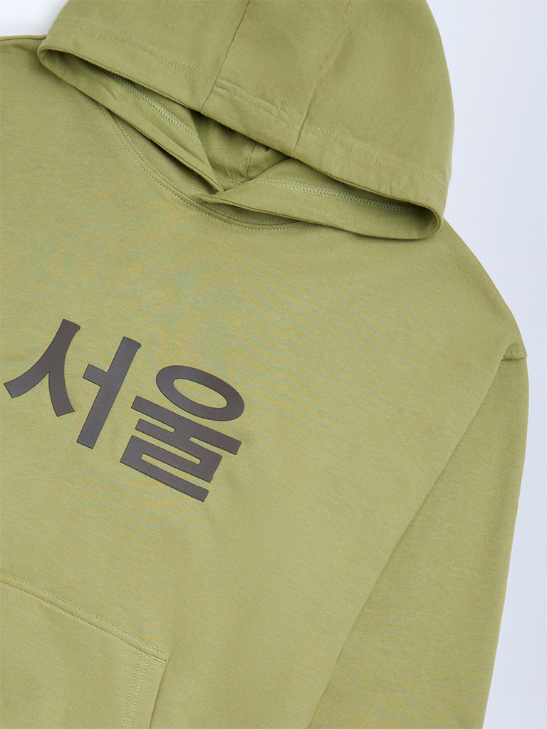 Y&F Kids Olive Anime-Inspired Cotton Hoodie