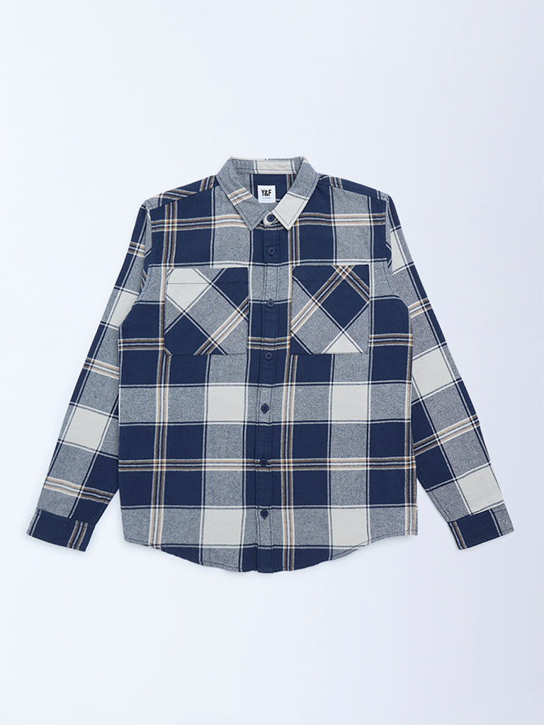 Y&F Kids Navy Checks Printed Cotton Shirt