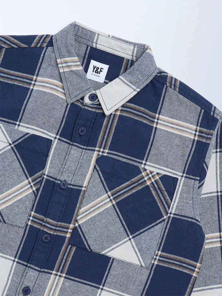 Y&F Kids Navy Checks Printed Cotton Shirt
