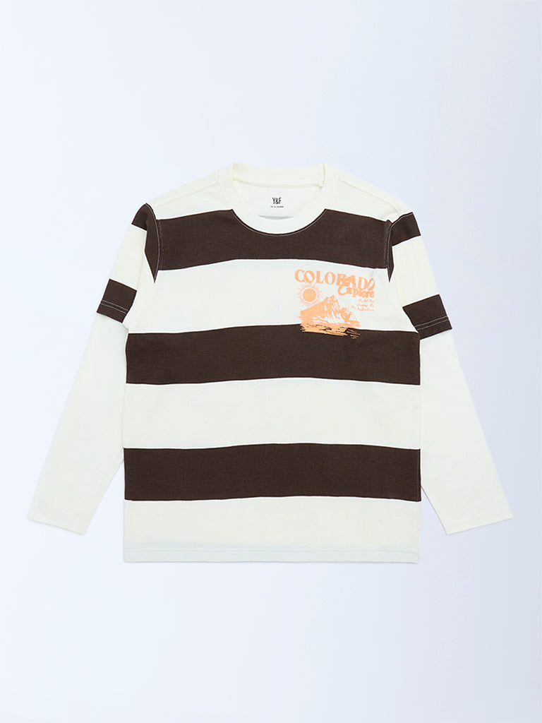 Y&F Kids Brown Striped Cotton T-Shirt