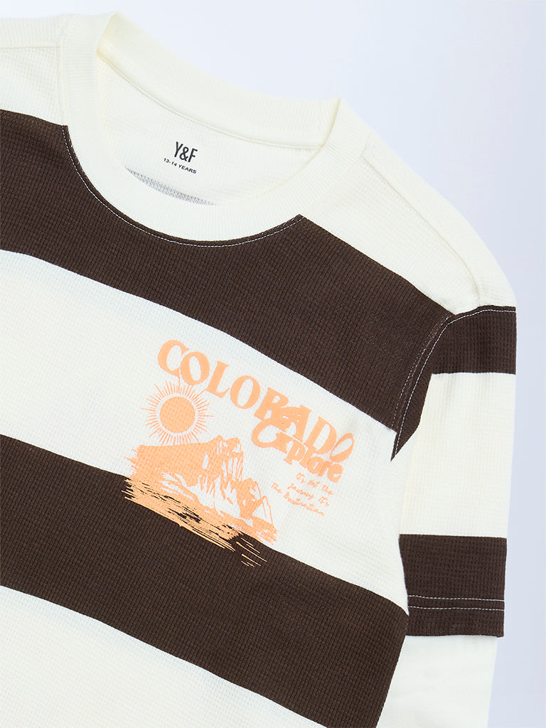Y&F Kids Brown Striped Cotton T-Shirt