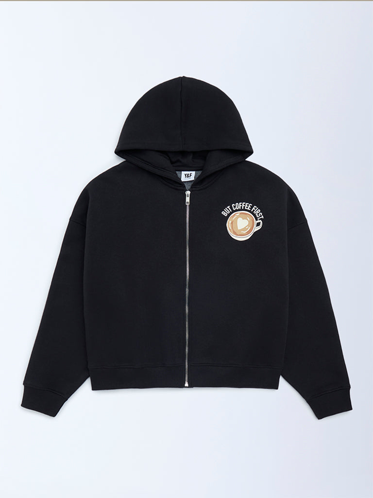 Y&F Kids Black Printed Cotton-Blend Hoodie