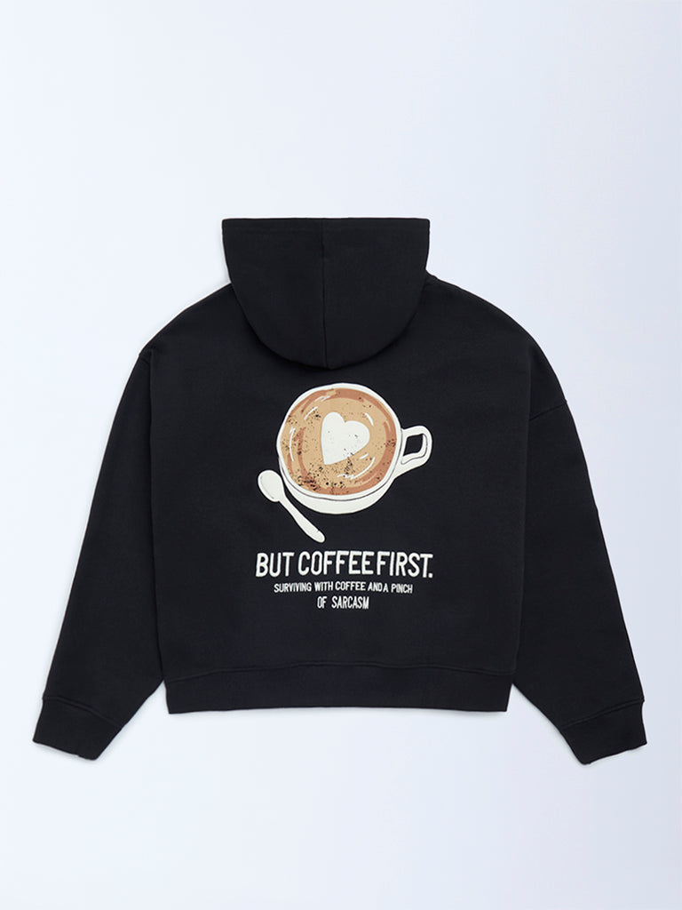 Y&F Kids Black Printed Cotton-Blend Hoodie