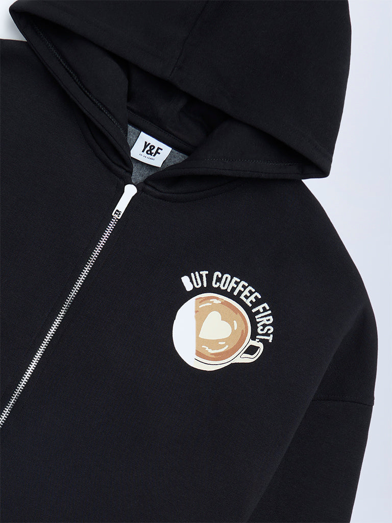 Y&F Kids Black Printed Cotton-Blend Hoodie