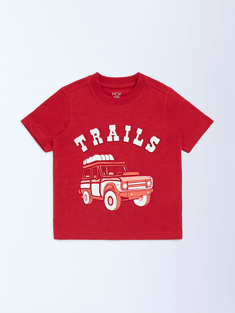 HOP Kids Red Embossed Cotton T-Shirt