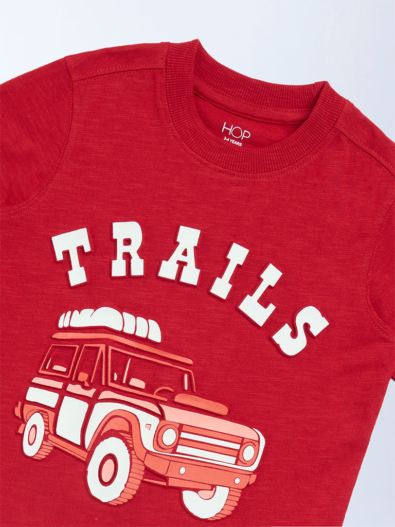 HOP Kids Red Embossed Cotton T-Shirt