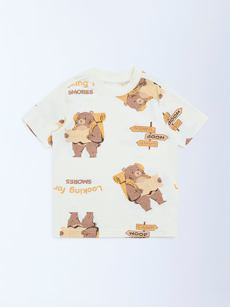 HOP Kids Off-White Animal Printed Cotton T-Shirt
