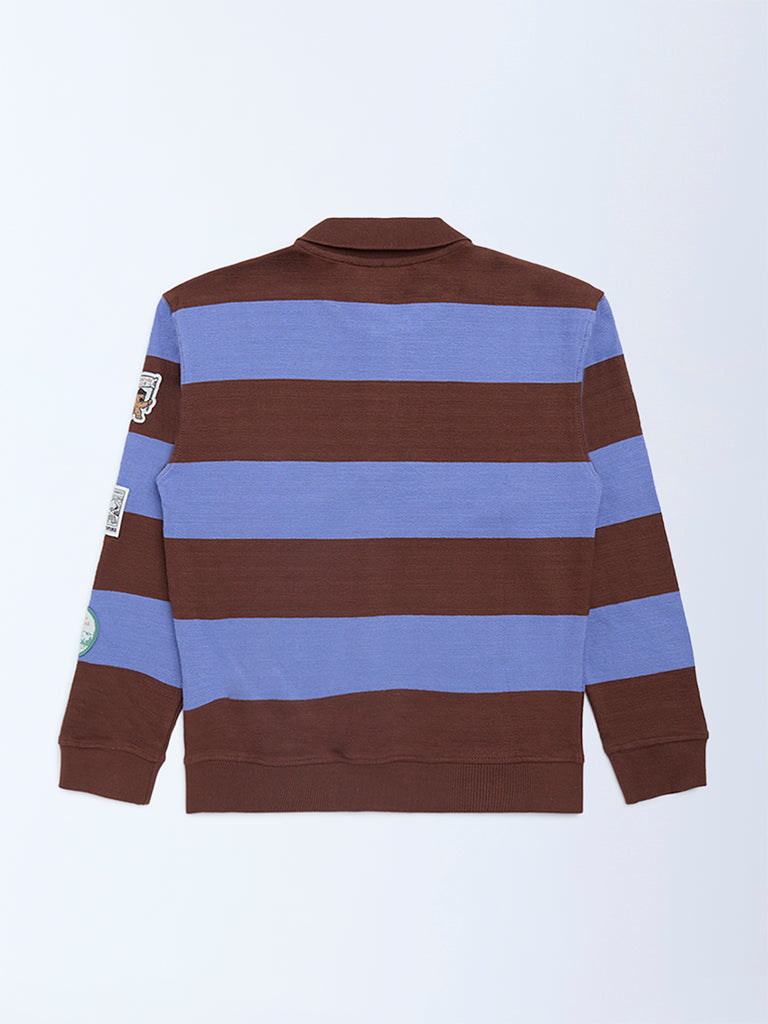 HOP Kids Brown Striped Cotton Polo T-Shirt