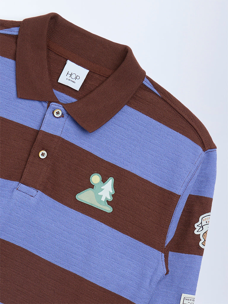 HOP Kids Brown Striped Cotton Polo T-Shirt