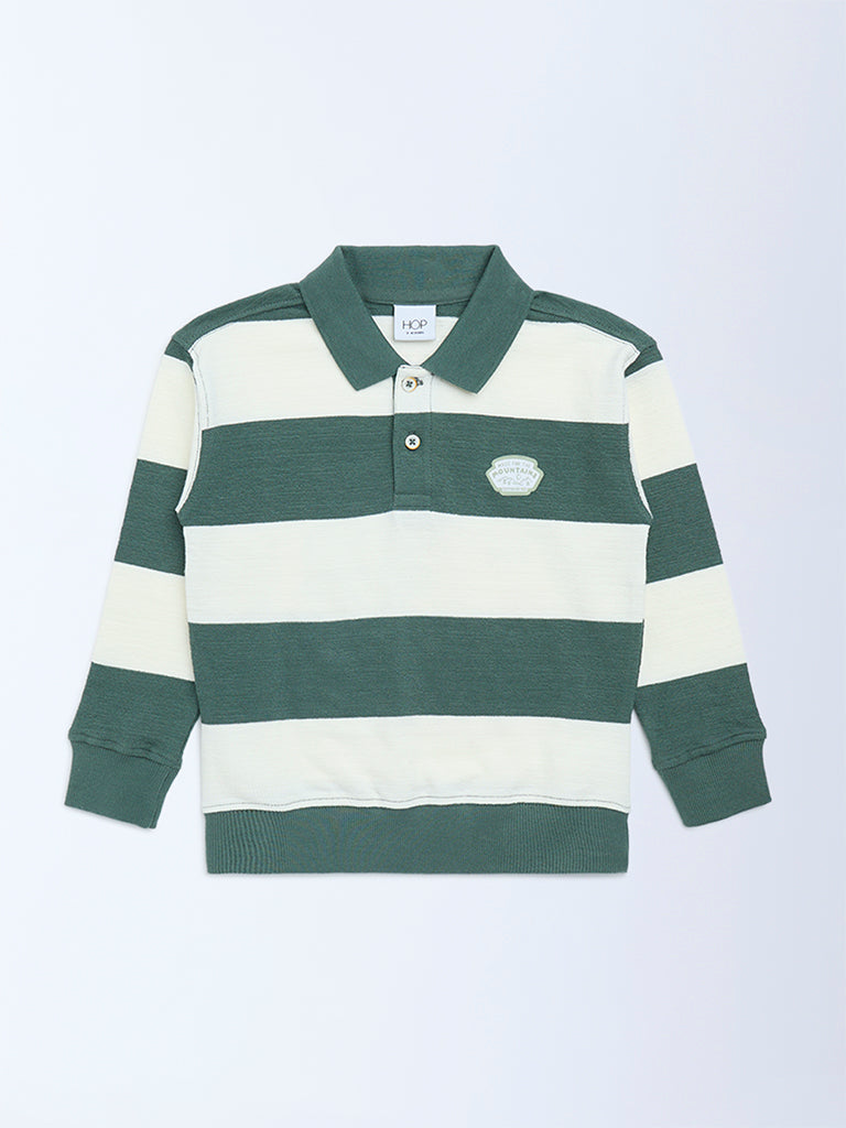 HOP Kids Green Striped Cotton-Blend Polo T-Shirt