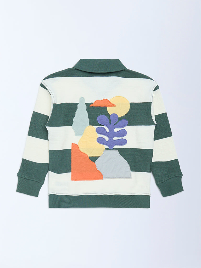 HOP Kids Green Striped Cotton-Blend Polo T-Shirt