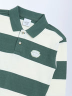 HOP Kids Green Striped Cotton-Blend Polo T-Shirt