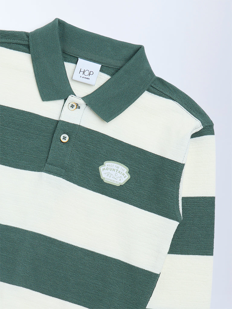 HOP Kids Green Striped Cotton-Blend Polo T-Shirt