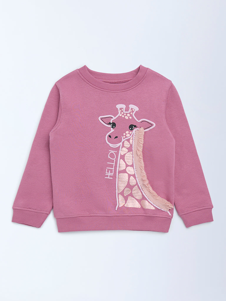 HOP Kids Dusty Pink Animal Printed Cotton-Blend Sweatshirt