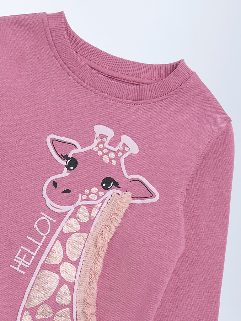 HOP Kids Dusty Pink Animal Printed Cotton-Blend Sweatshirt