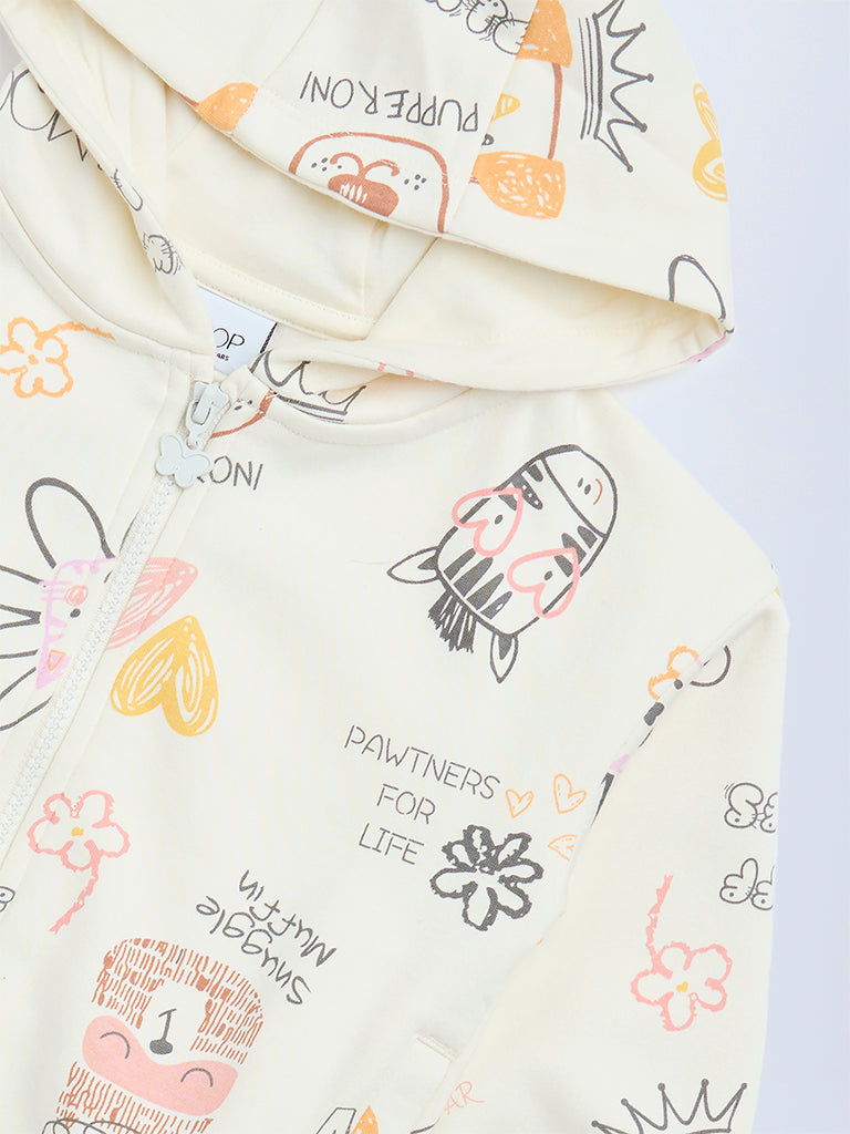 HOP Kids Cream Printed Cotton-Blend Hoodie