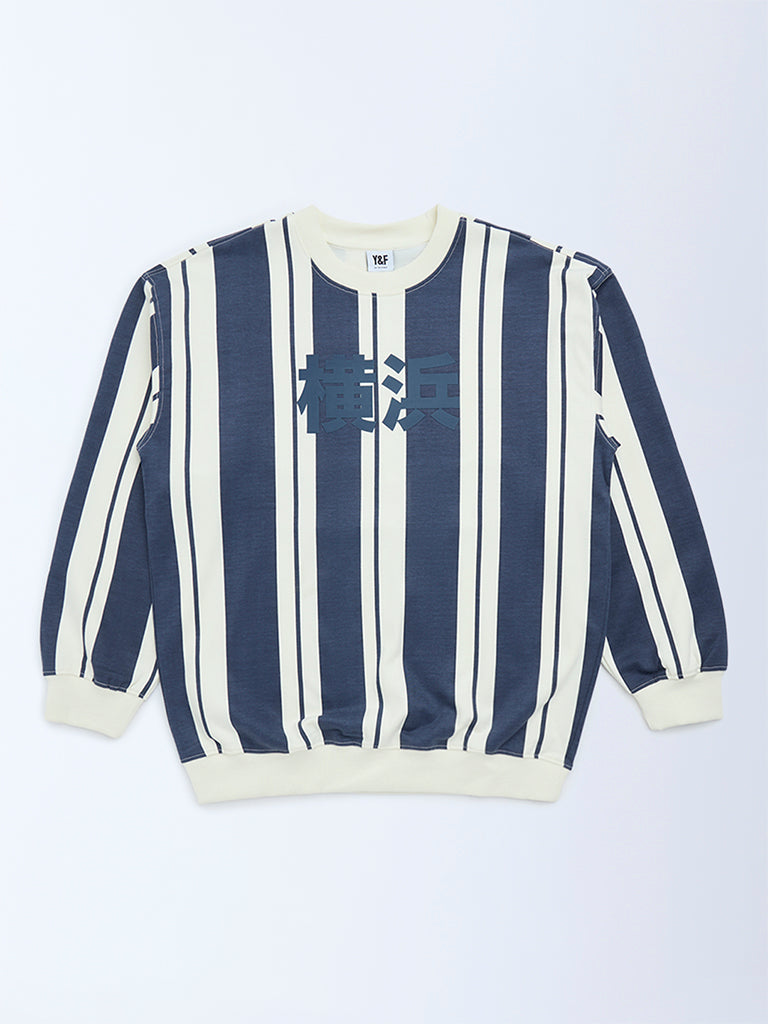 Y&F Kids Dusty Blue Striped Cotton-Blend Sweatshirt