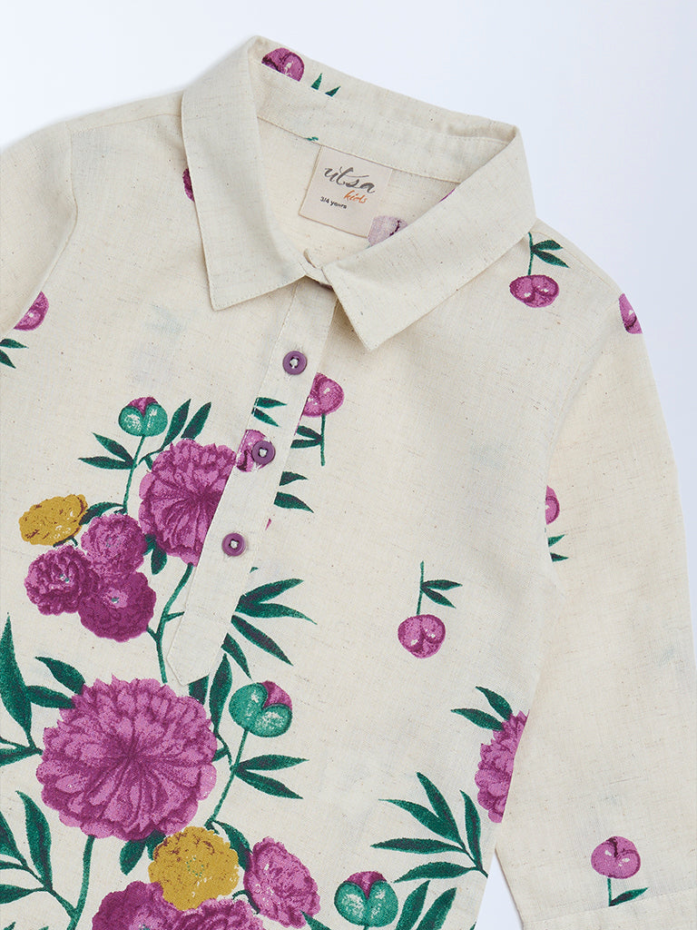 Utsa Kids Off-White Floral Cotton-Blend Tunic - (2-8yrs)