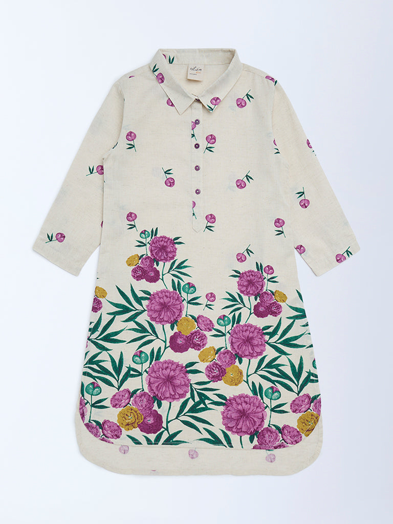 Utsa Kids Off-White Floral Cotton-Blend Tunic - (8-14yrs)