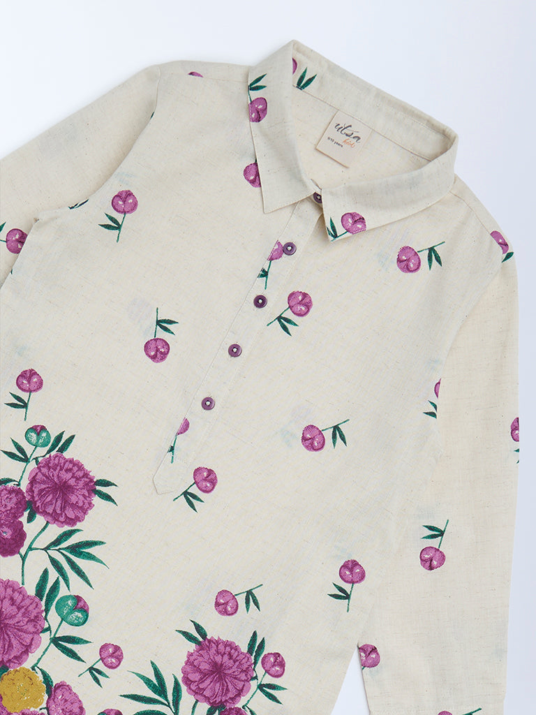 Utsa Kids Off-White Floral Cotton-Blend Tunic - (8-14yrs)