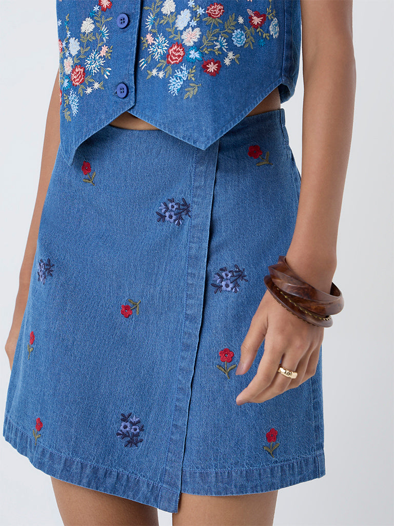Bombay Paisley Blue Embroidered High-Rise Denim Skorts